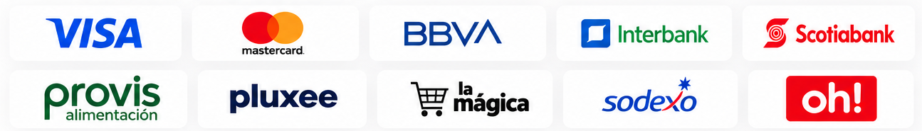 Visa Mastercard BBVA Interbank Scotiabank Provis Pluxee La Mágica Sodexo y Oh